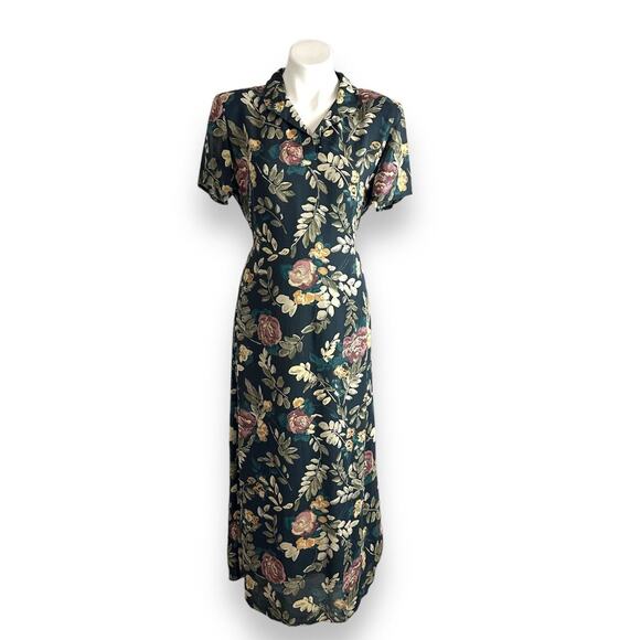 Vtg Maxi Dress Floral Side Slit Short Sleeve CDC Sz 10 Old Money Coastal Gramma - Picture 1 of 16